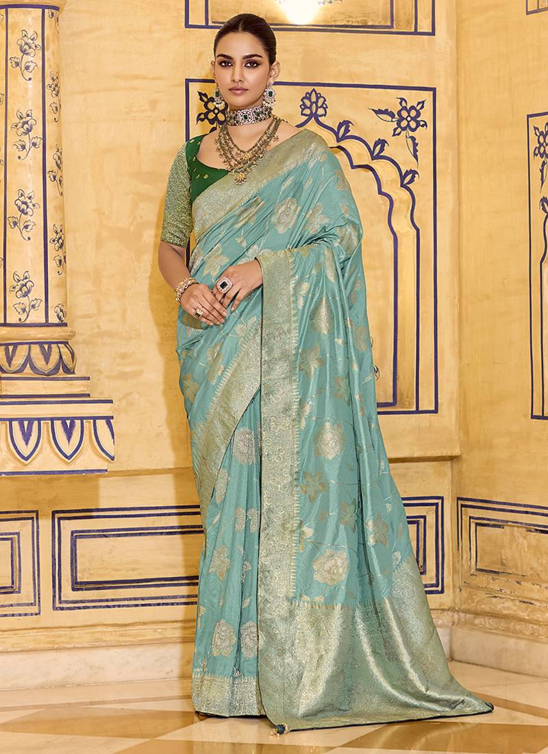 sea green faux crepe art silk with beautiful zari weaving work classic saree