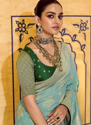 sea green faux crepe silk blend zari weaving work saree 2
