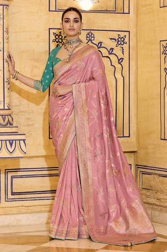 baby pink faux crepe art silk with beautiful zari weaving work classic saree