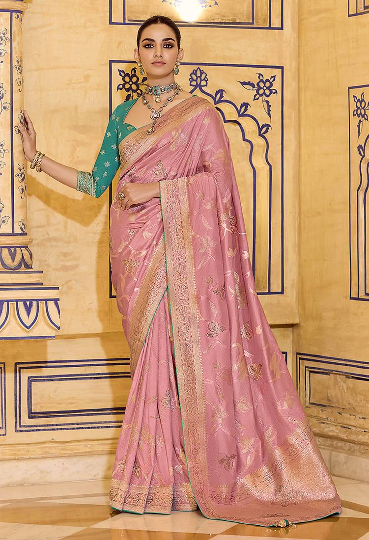 baby pink faux crepe art silk with beautiful zari weaving work classic saree