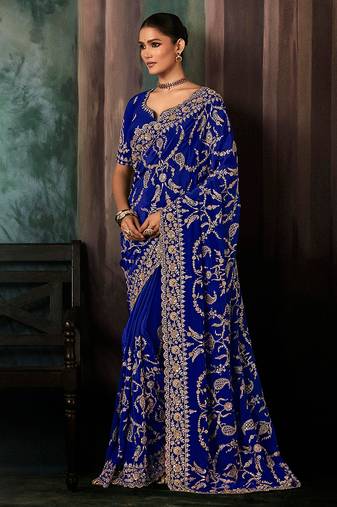 Royal blue faux crepe embroidery bridal reception festival wedding wear heavy border saree