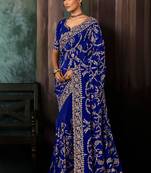 Royal blue faux crepe embroidery bridal reception festival wedding wear heavy border saree