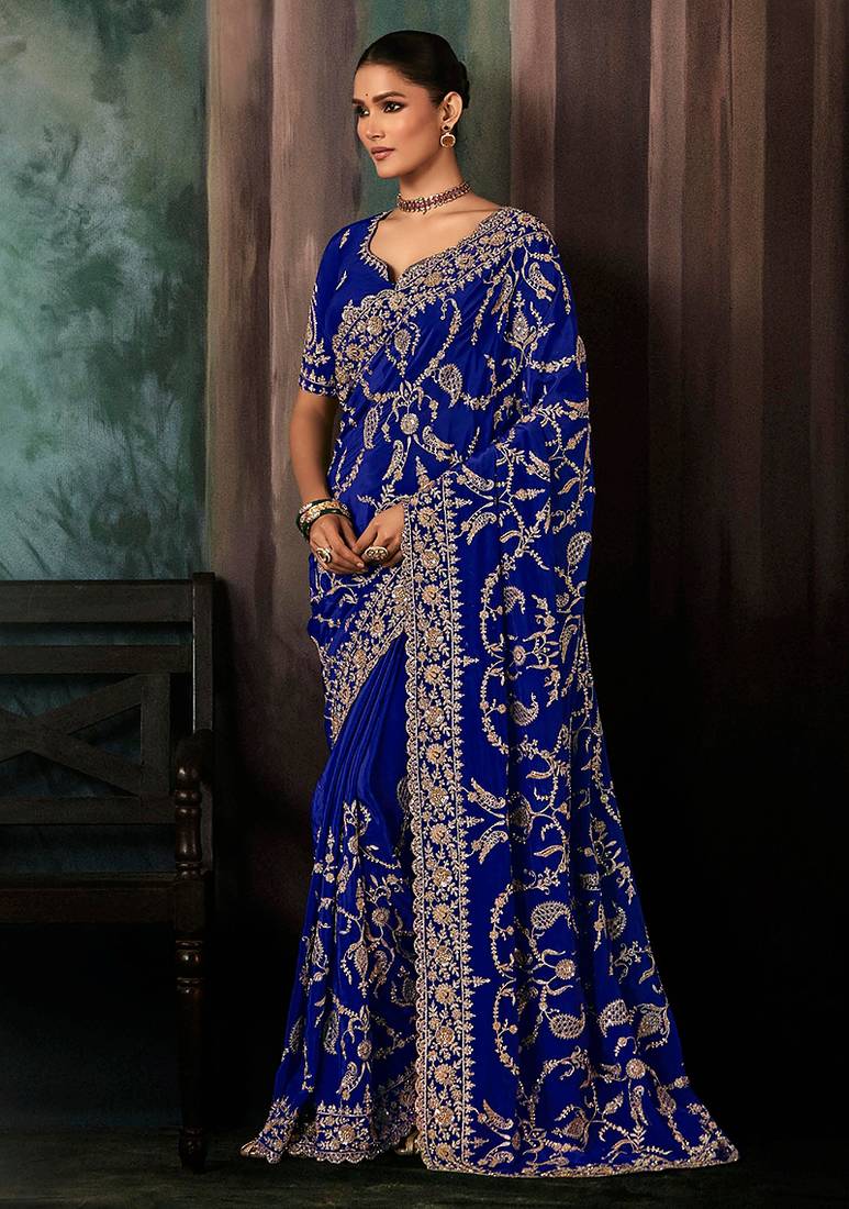 Royal blue faux crepe embroidery bridal reception festival wedding wear heavy border saree