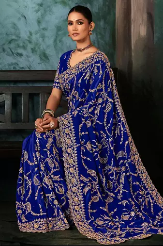 Royal blue faux crepe embroidered saree