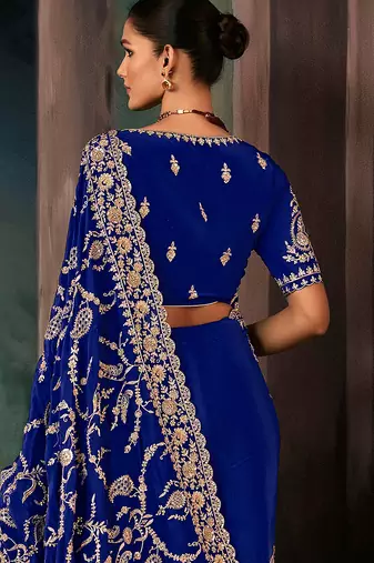 Royal blue faux crepe embroidered saree