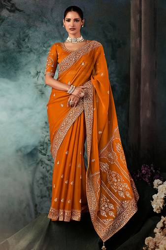 Orange wear fabric embroidery bridal reception festival wedding wear heavy border saree