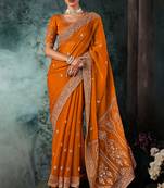 Orange wear fabric embroidery bridal reception festival wedding wear heavy border saree