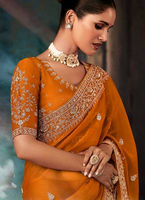 Orange fancy fabric embroidered saree 2