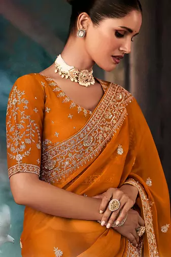 Orange fancy fabric embroidered saree