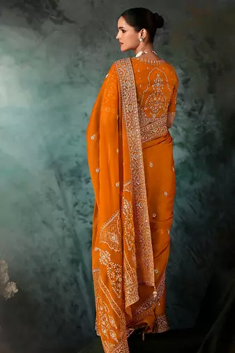 Orange fancy fabric embroidered saree