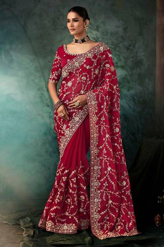 Burgundy faux crepe embroidery bridal reception festival wedding wear heavy border saree