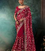 Burgundy faux crepe embroidery bridal reception festival wedding wear heavy border saree