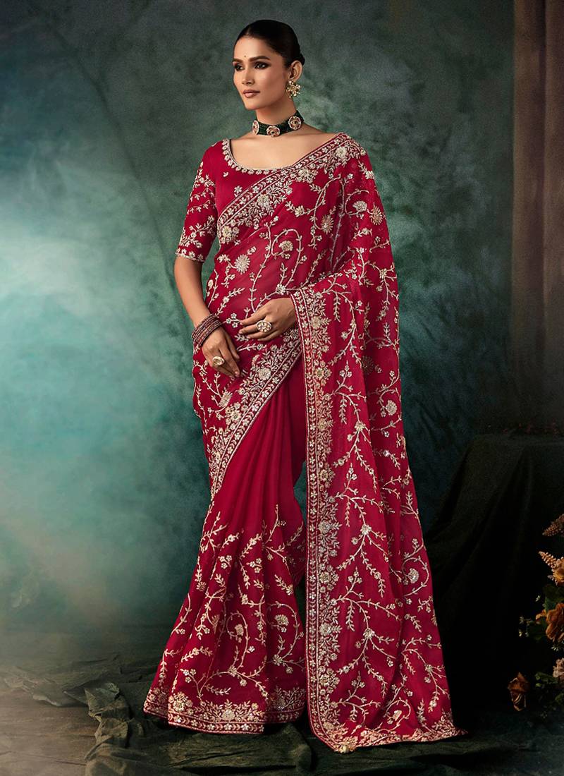 Burgundy faux crepe embroidery bridal reception festival wedding wear heavy border saree