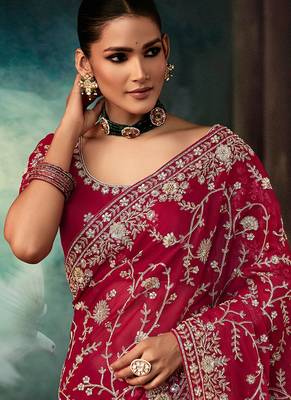 Burgundy faux crepe embroidered saree 2