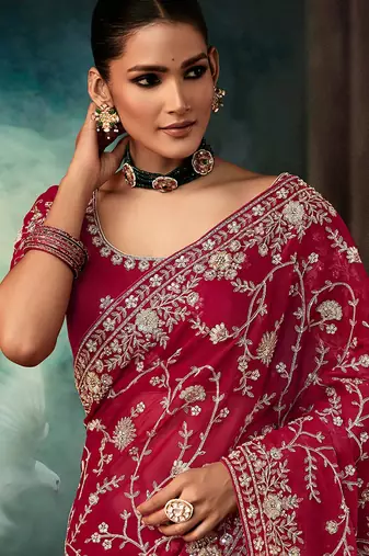 Burgundy faux crepe embroidered saree
