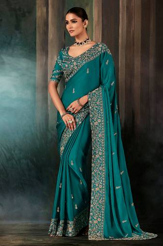 Teal faux satin embroidery bridal reception festival wedding wear heavy border saree