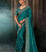 Teal faux satin embroidery bridal reception festival wedding wear heavy border saree
