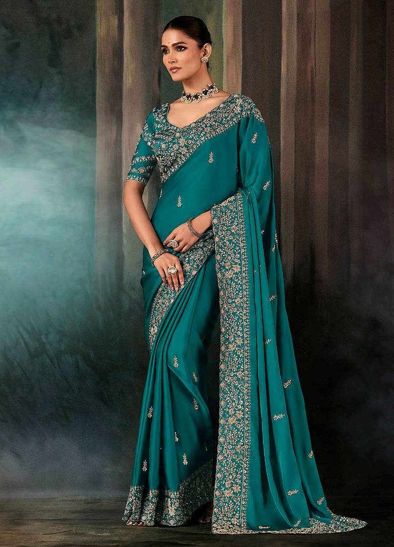 Teal faux satin embroidery bridal reception festival wedding wear heavy border saree