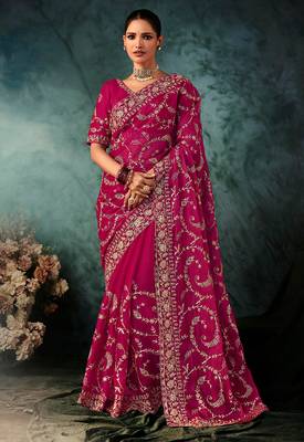 Rani pink faux crepe embroidered saree 1
