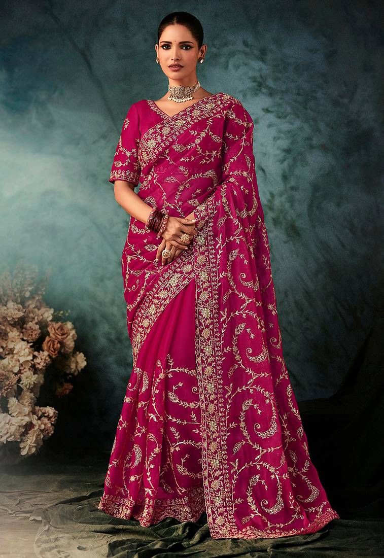 Rani pink faux crepe embroidery bridal reception festival wedding wear heavy border saree