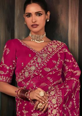 Rani pink faux crepe embroidered saree 2