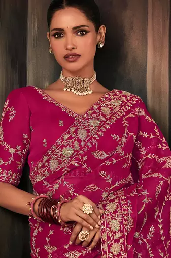 Rani pink faux crepe embroidered saree