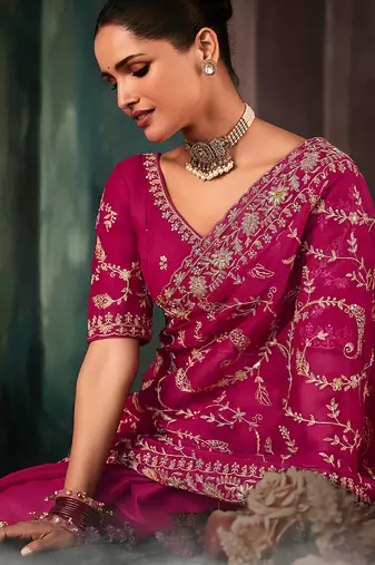 Rani pink faux crepe embroidered saree