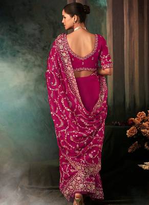 Rani pink faux crepe embroidered saree 4