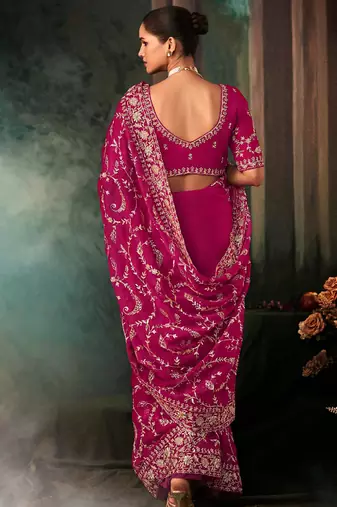 Rani pink faux crepe embroidered saree