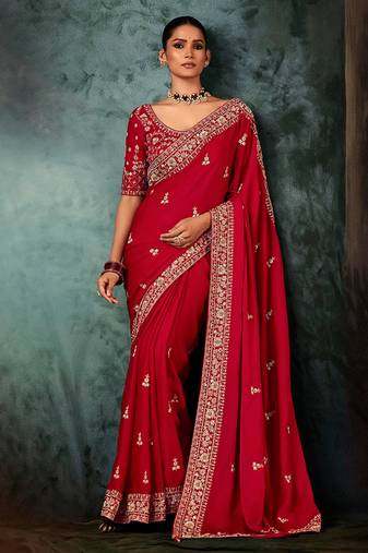 Red wear fabric embroidery bridal reception festival wedding wear heavy border saree