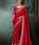 Red wear fabric embroidery bridal reception festival wedding wear heavy border saree