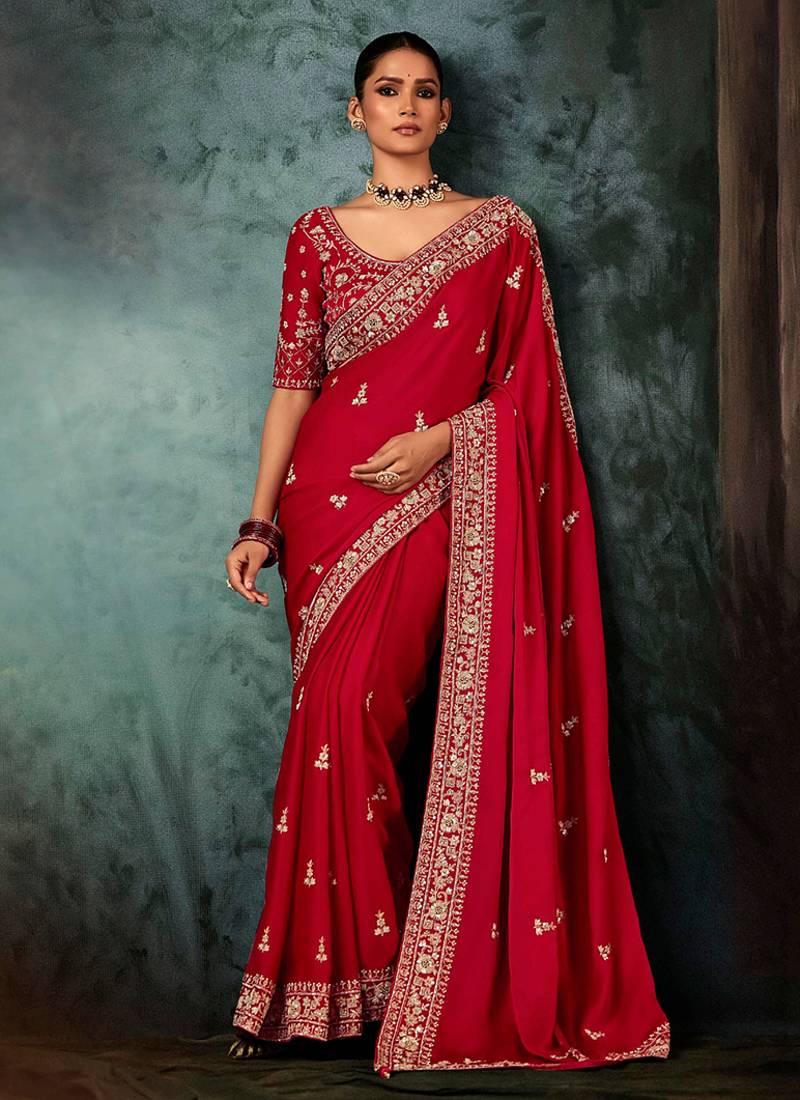 Red wear fabric embroidery bridal reception festival wedding wear heavy border saree