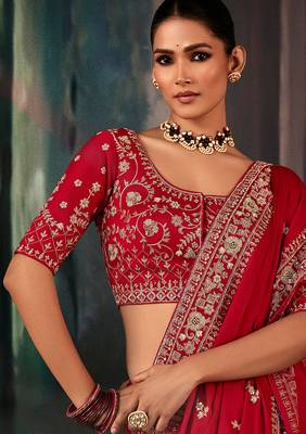 Red fancy fabric embroidered saree 2