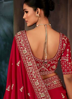 Red fancy fabric embroidered saree 3