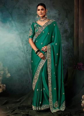 Teal green faux satin embroidered saree 1