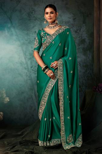 Teal green faux satin embroidery bridal reception festival wedding wear heavy border saree