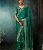 Teal green faux satin embroidery bridal reception festival wedding wear heavy border saree