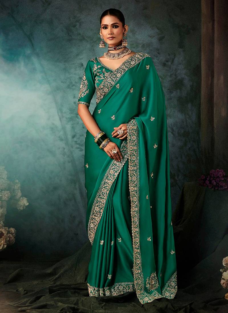 Teal green faux satin embroidery bridal reception festival wedding wear heavy border saree
