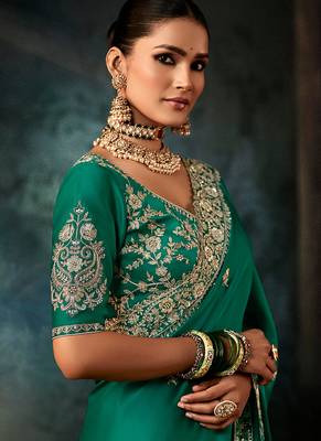 Teal green faux satin embroidered saree 2