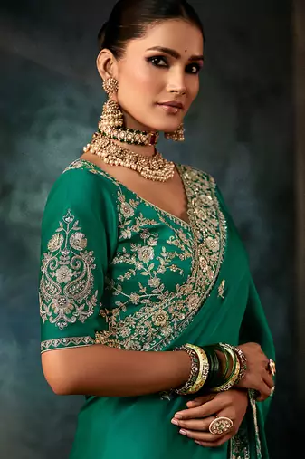 Teal green faux satin embroidered saree