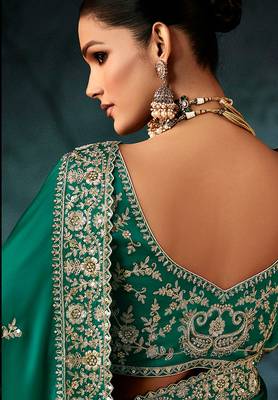 Teal green faux satin embroidered saree 3
