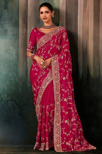 Rani pink faux satin embroidery bridal reception festival wedding wear heavy border saree