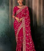 Rani pink faux satin embroidery bridal reception festival wedding wear heavy border saree
