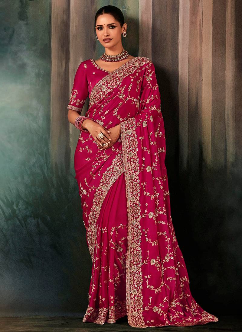 Rani pink faux satin embroidery bridal reception festival wedding wear heavy border saree