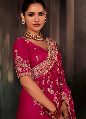Rani pink faux satin embroidered saree 2