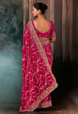 Rani pink faux satin embroidered saree 3