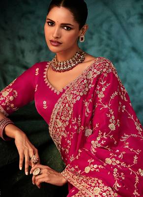 Rani pink faux satin embroidered saree 4