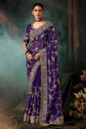 Purple faux crepe embroidery bridal reception festival wedding wear heavy border saree