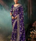 Purple faux crepe embroidery bridal reception festival wedding wear heavy border saree