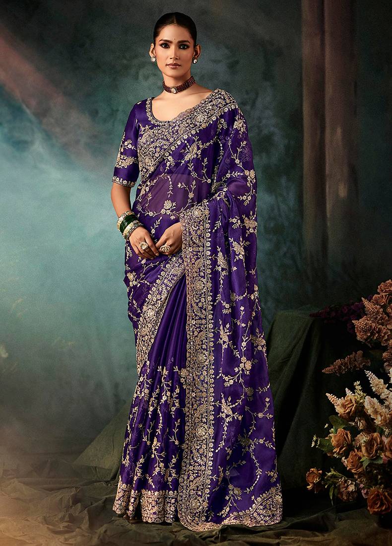 Purple faux crepe embroidery bridal reception festival wedding wear heavy border saree